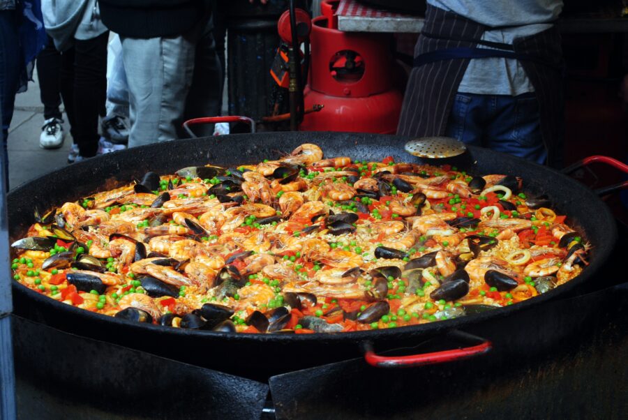 Big pot of paella.